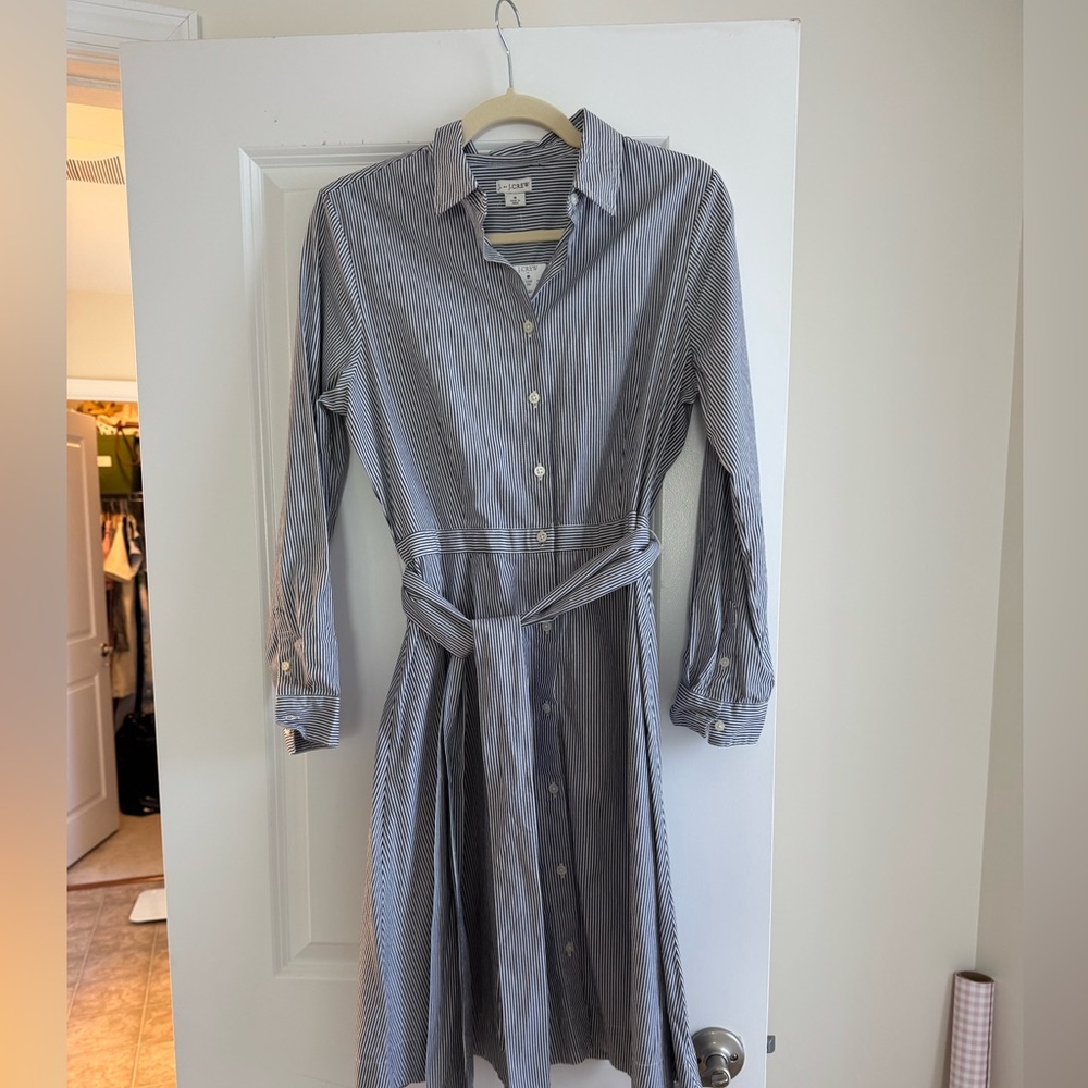 JCrew Factory Long Sleeve Striped Shirt Dress - Dark Gray and White